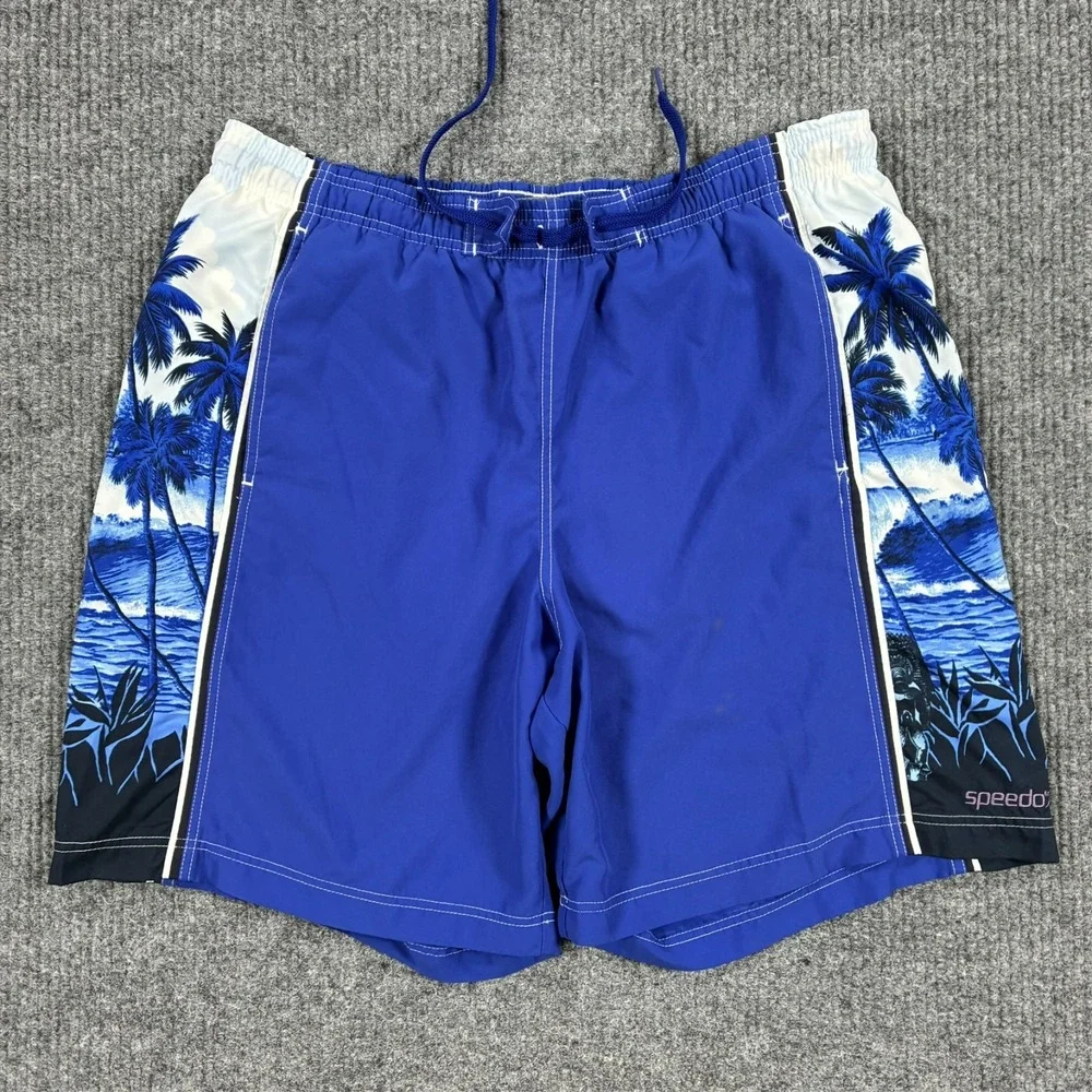 Speedo Mens Swim Trunks Large Blue Tropical Palm Tree Board Shorts Mesh Lined